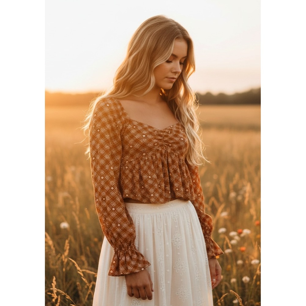 Rewind S Crop Top Orange Copper Ruffle Hippie Peasant Fairy Grunge Milkmaid